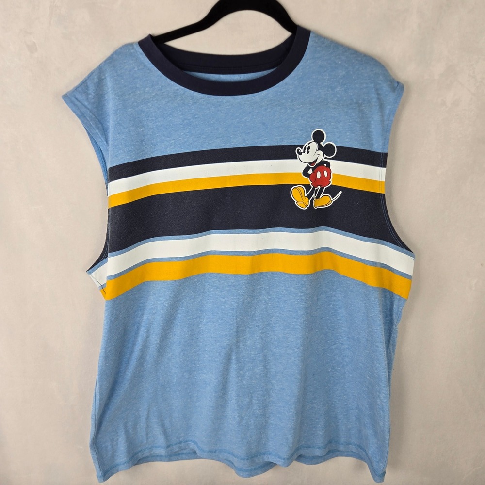 Disney Store Mickey Mouse Retro Striped Muscle Tee Sleeveless Shirt Blue XL Tank